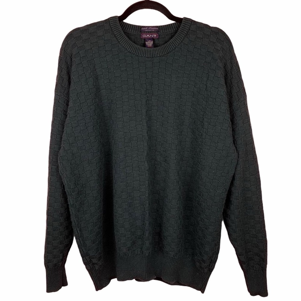 Vintage Gant Checkered Knit Cotton Sweater Hunter Green Unisex Size L or XL